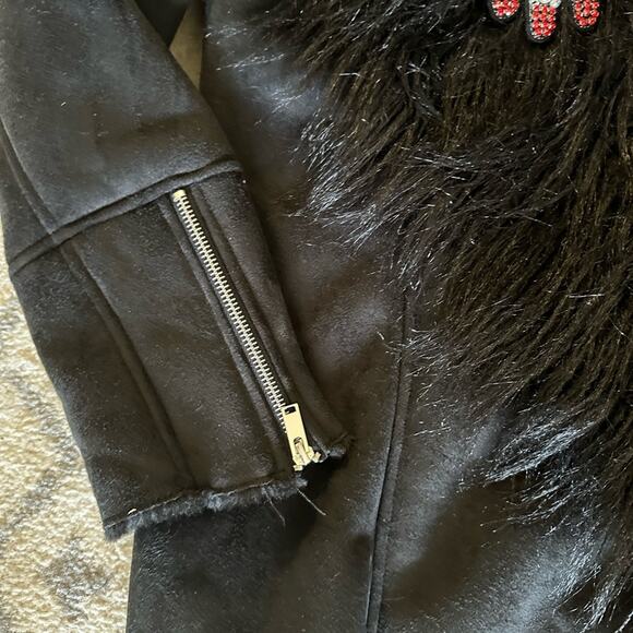 Simon Chang Black Faux Fur Coat Rhinestone Glove Embellishment Faux Fur Size 10 - Picture 6 of 11